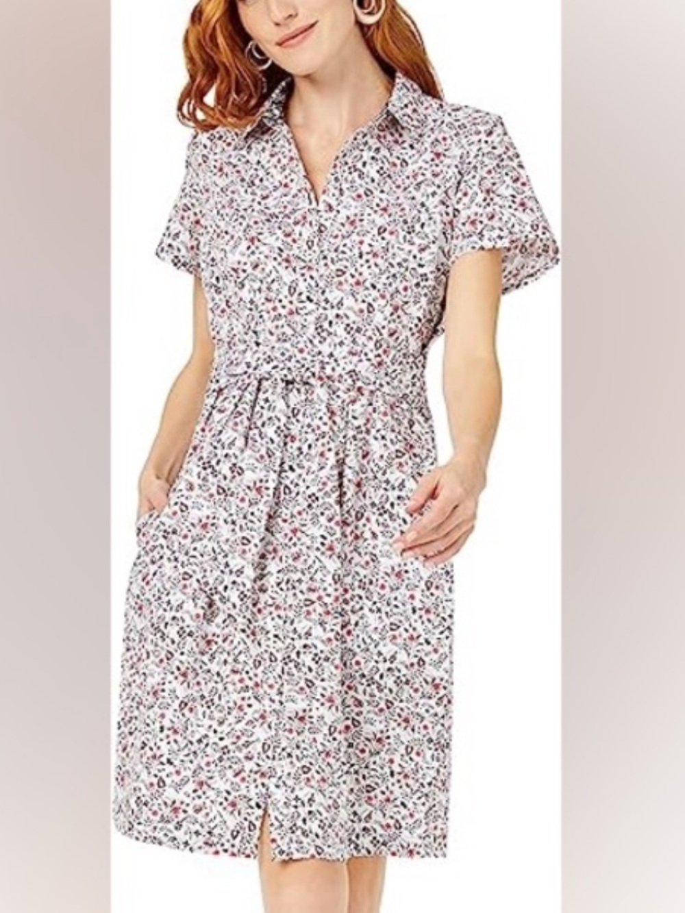 Foxcroft White Midi Shirt Dress with Pink Floral Print